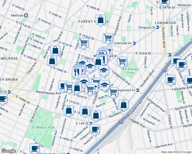 map of restaurants, bars, coffee shops, grocery stores, and more near in The Bronx
