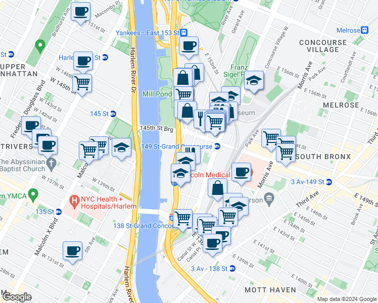 map of restaurants, bars, coffee shops, grocery stores, and more near in The Bronx
