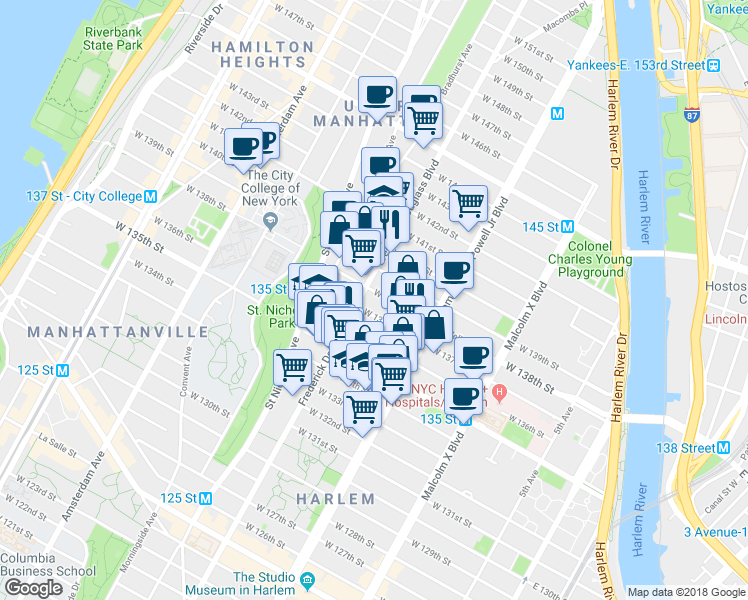 map of restaurants, bars, coffee shops, grocery stores, and more near 312 West 138th Street in New York