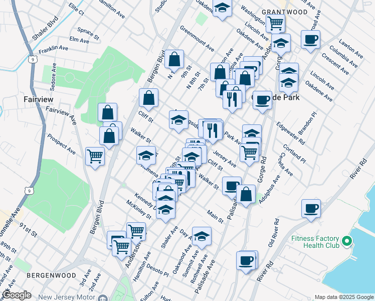 map of restaurants, bars, coffee shops, grocery stores, and more near 376 Cliff Street in Fairview