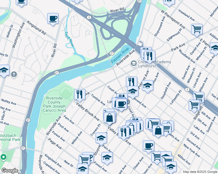 map of restaurants, bars, coffee shops, grocery stores, and more near 211 Court Avenue in Lyndhurst