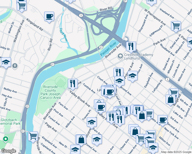 map of restaurants, bars, coffee shops, grocery stores, and more near 211 Court Avenue in Lyndhurst