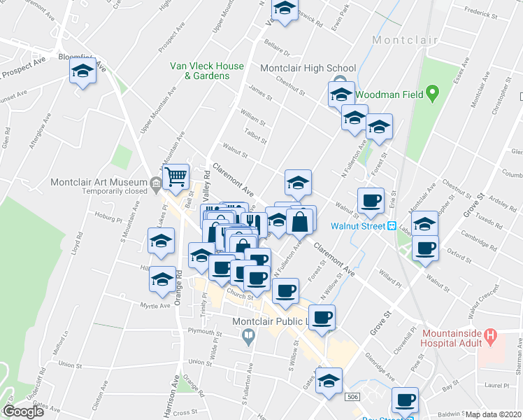 map of restaurants, bars, coffee shops, grocery stores, and more near 46 Midland Avenue in Montclair