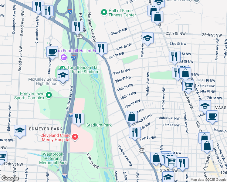 map of restaurants, bars, coffee shops, grocery stores, and more near 1906 Monument Road Northwest in Canton