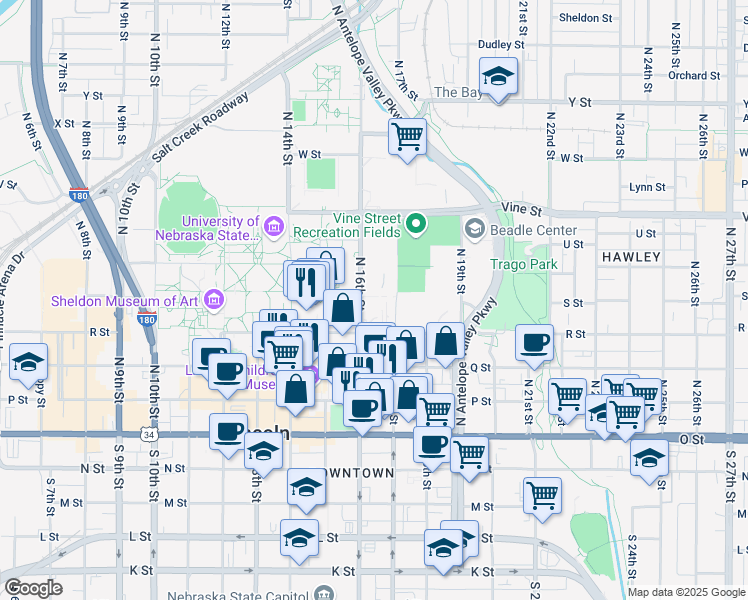 map of restaurants, bars, coffee shops, grocery stores, and more near 480 North 16th Street in Lincoln