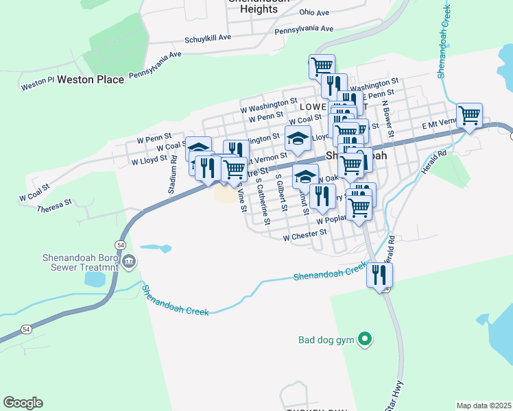 map of restaurants, bars, coffee shops, grocery stores, and more near 512 West Atlantic Street in Shenandoah