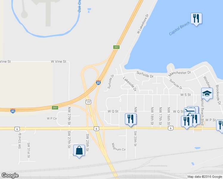 map of restaurants, bars, coffee shops, grocery stores, and more near 2233 Surfside Drive in Lincoln