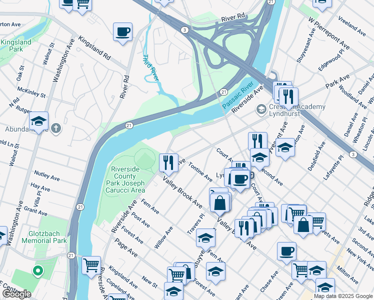 map of restaurants, bars, coffee shops, grocery stores, and more near 236 Peabody Avenue in Lyndhurst