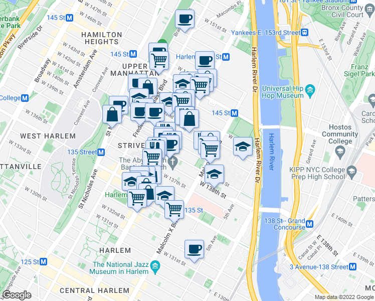 map of restaurants, bars, coffee shops, grocery stores, and more near 155 West 140th Street in New York