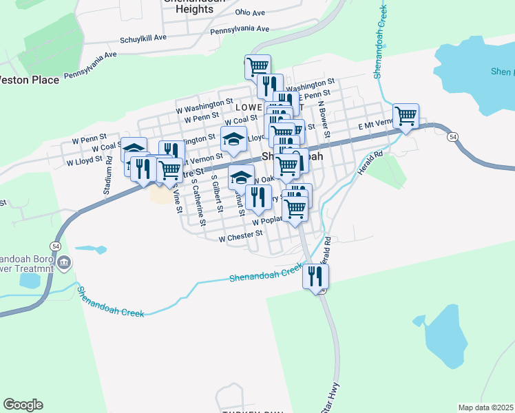 map of restaurants, bars, coffee shops, grocery stores, and more near 204 West Cherry Street in Shenandoah