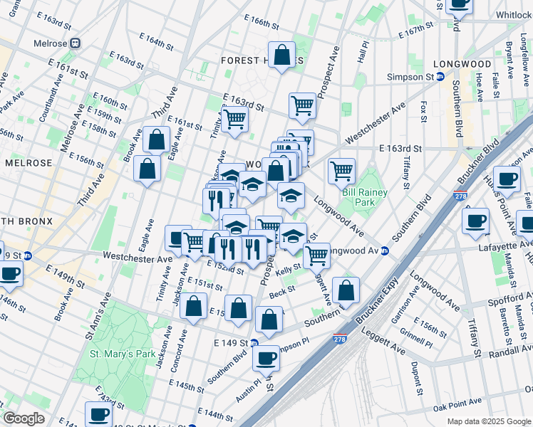 map of restaurants, bars, coffee shops, grocery stores, and more near 753 1/2 Union Avenue in Bronx