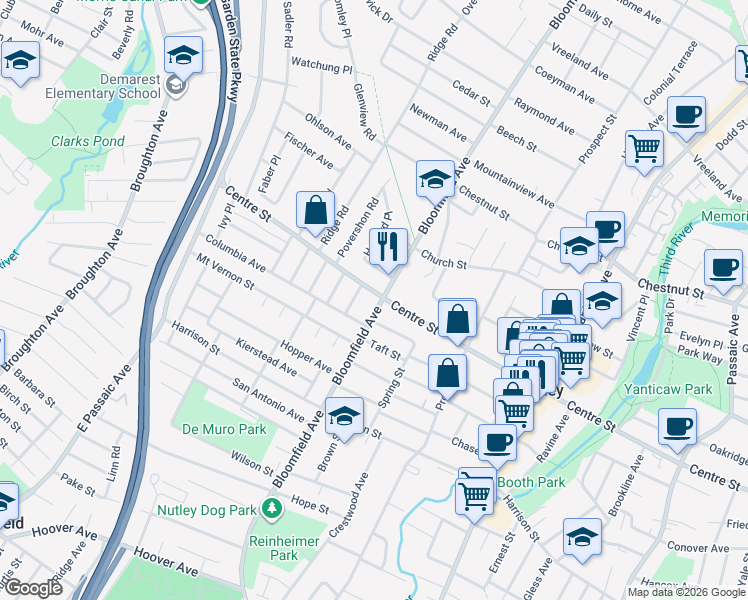 map of restaurants, bars, coffee shops, grocery stores, and more near None in Nutley