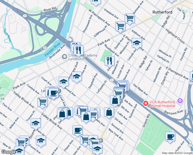 map of restaurants, bars, coffee shops, grocery stores, and more near 16 Delafield Avenue in Lyndhurst