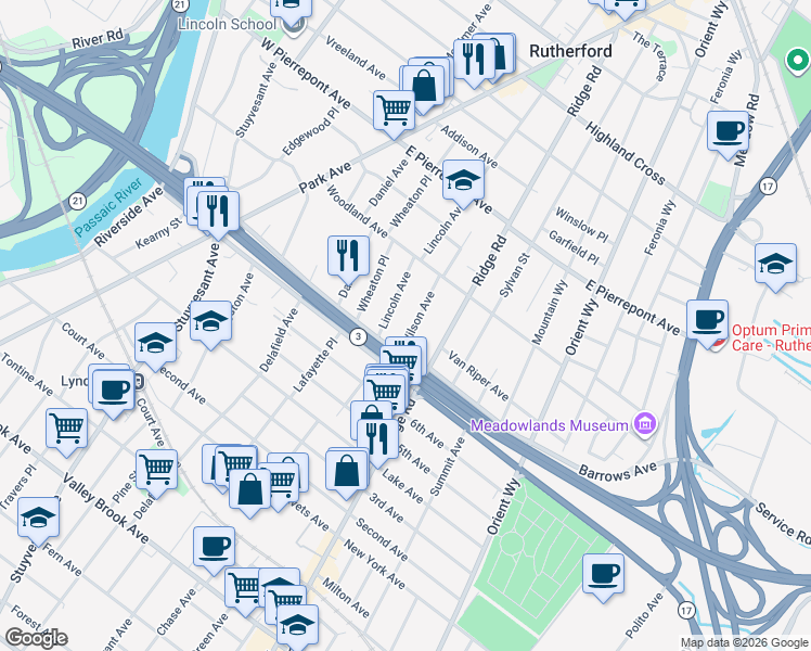 map of restaurants, bars, coffee shops, grocery stores, and more near 90 Wilson Avenue in Rutherford