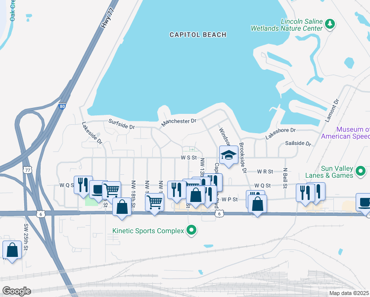map of restaurants, bars, coffee shops, grocery stores, and more near 510 Surfside Drive in Lincoln
