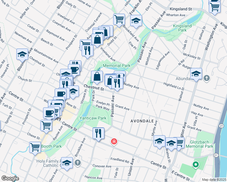 map of restaurants, bars, coffee shops, grocery stores, and more near 335 Passaic Avenue in Nutley