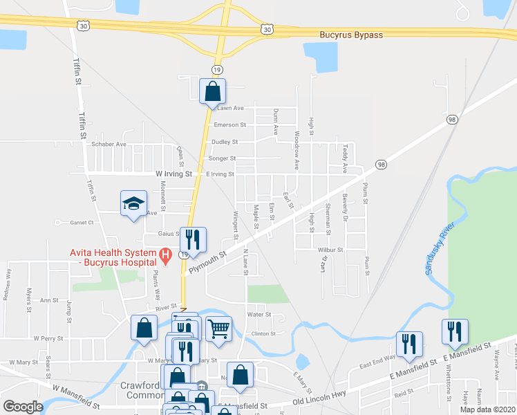 map of restaurants, bars, coffee shops, grocery stores, and more near 910 Maple Street in Bucyrus