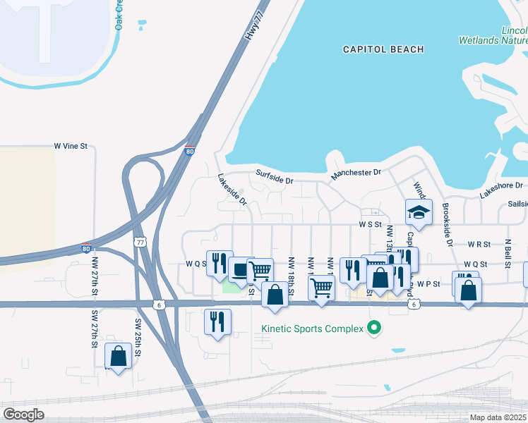 map of restaurants, bars, coffee shops, grocery stores, and more near 510 Lakeside Drive in Lincoln