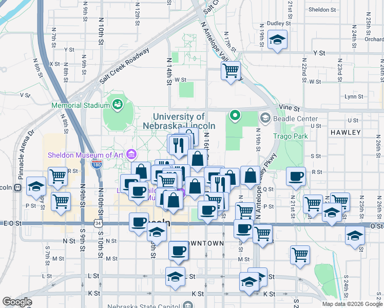 map of restaurants, bars, coffee shops, grocery stores, and more near 1748 S Street in Lincoln