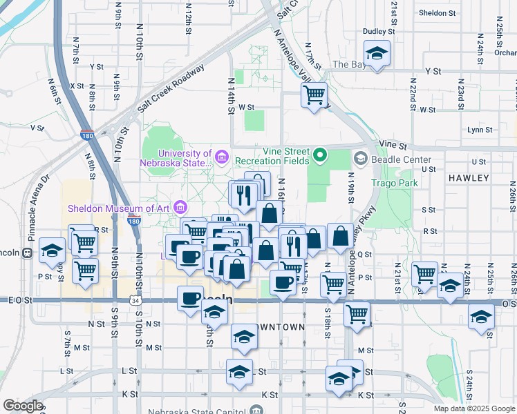 map of restaurants, bars, coffee shops, grocery stores, and more near 850 S Street in Lincoln