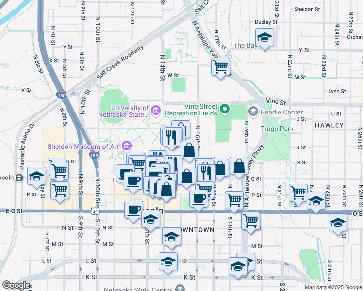 map of restaurants, bars, coffee shops, grocery stores, and more near 1317 S Street in Lincoln