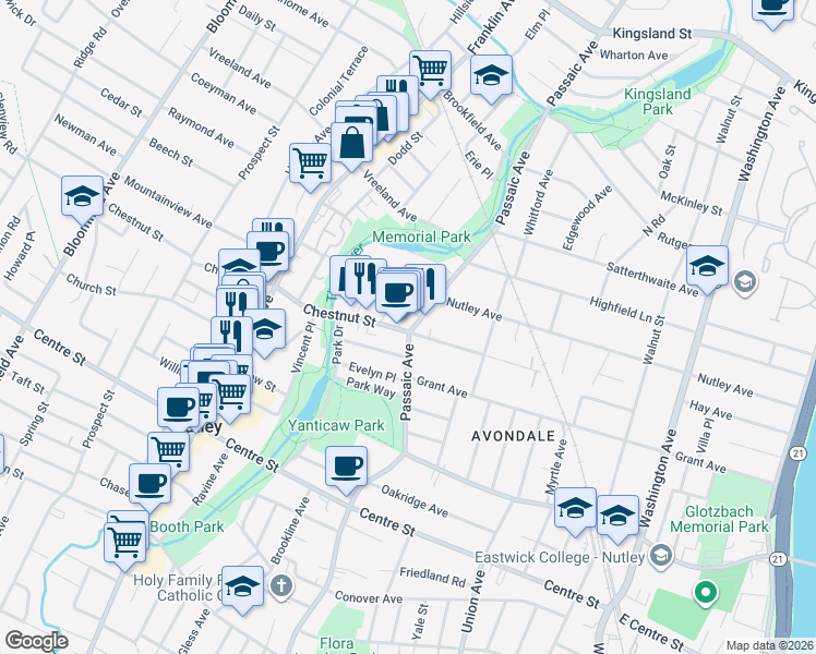 map of restaurants, bars, coffee shops, grocery stores, and more near 335 Passaic Avenue in Nutley