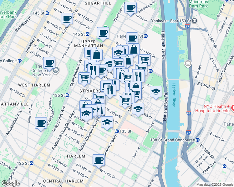 map of restaurants, bars, coffee shops, grocery stores, and more near 150 West 140th Street in New York