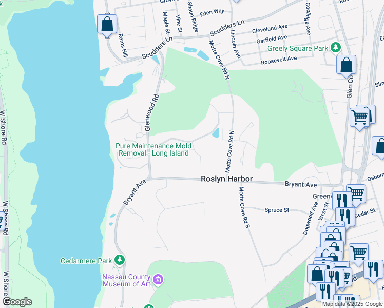 map of restaurants, bars, coffee shops, grocery stores, and more near 10 Montrose Drive in Roslyn