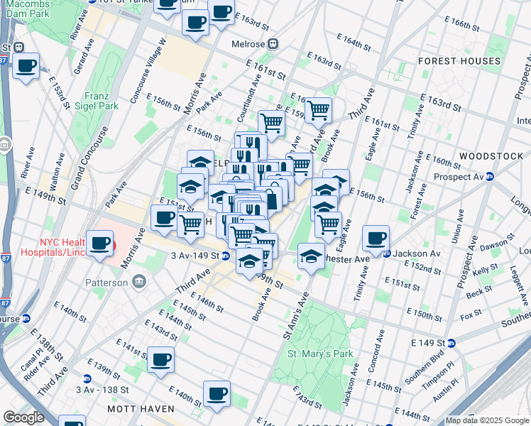 map of restaurants, bars, coffee shops, grocery stores, and more near 2939 3rd Avenue in The Bronx