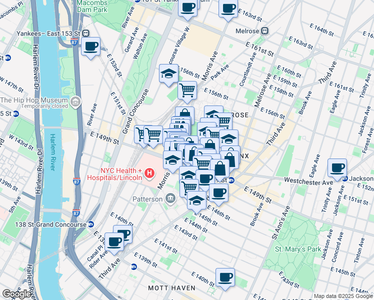 map of restaurants, bars, coffee shops, grocery stores, and more near 272 East 151st Street in The Bronx