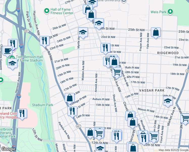map of restaurants, bars, coffee shops, grocery stores, and more near 1207 18th Street Northwest in Canton