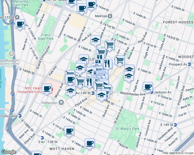 map of restaurants, bars, coffee shops, grocery stores, and more near 627 Melrose Ave in Bronx