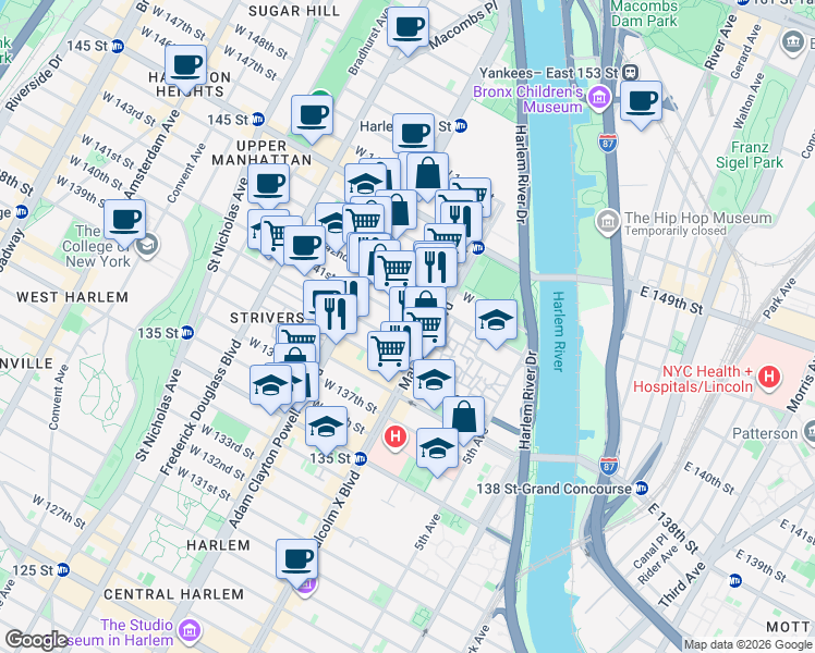 map of restaurants, bars, coffee shops, grocery stores, and more near 108 West 141st Street in New York