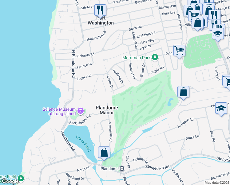 map of restaurants, bars, coffee shops, grocery stores, and more near 27 Leeds Drive in Port Washington