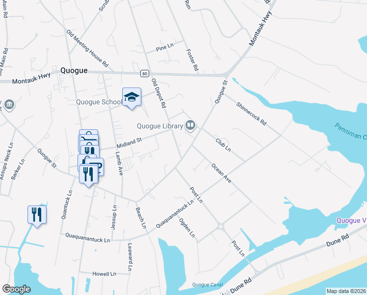 map of restaurants, bars, coffee shops, grocery stores, and more near 84 Quogue Street in Quogue