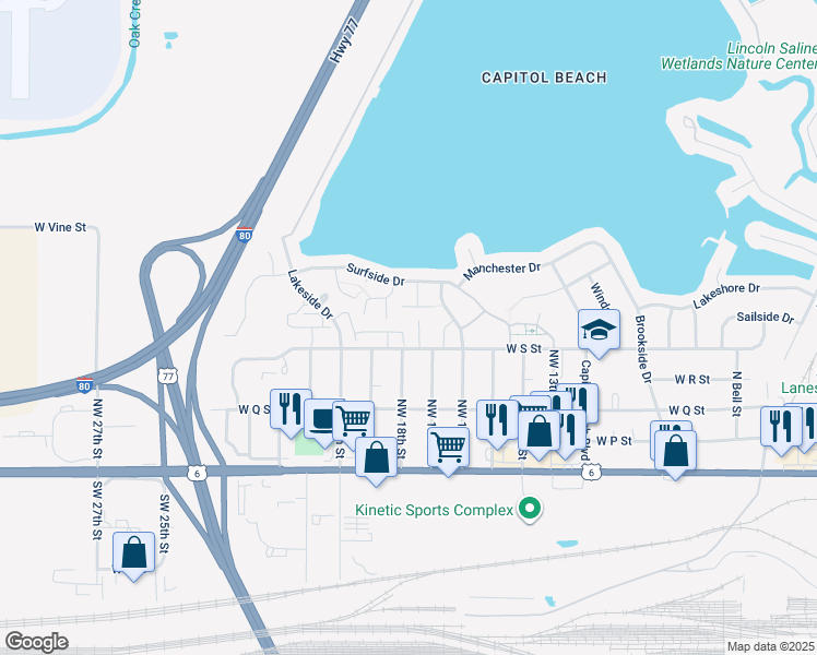map of restaurants, bars, coffee shops, grocery stores, and more near 1818 West S Street in Lincoln