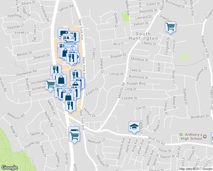 map of restaurants, bars, coffee shops, grocery stores, and more near 176A Iceland Drive in Huntington Station