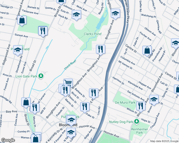 map of restaurants, bars, coffee shops, grocery stores, and more near 249 Broughton Avenue in Bloomfield