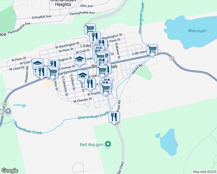 map of restaurants, bars, coffee shops, grocery stores, and more near 221 S Main St in Shenandoah