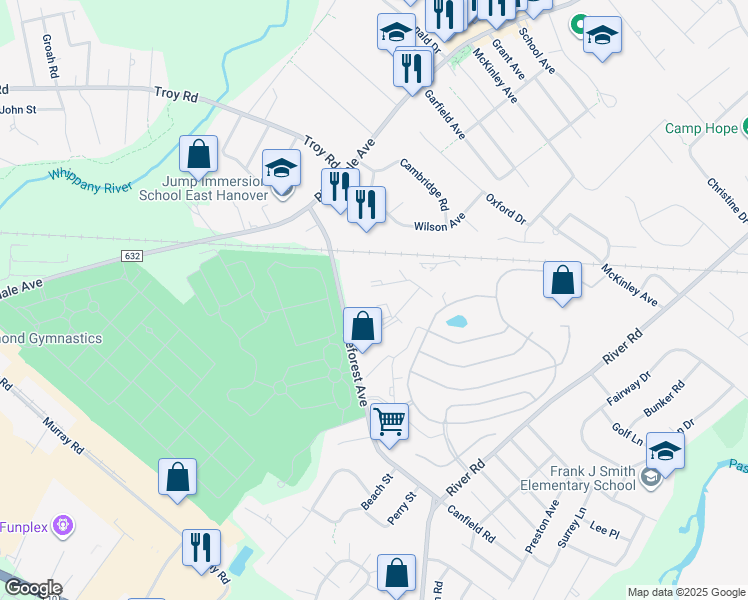 map of restaurants, bars, coffee shops, grocery stores, and more near in East Hanover