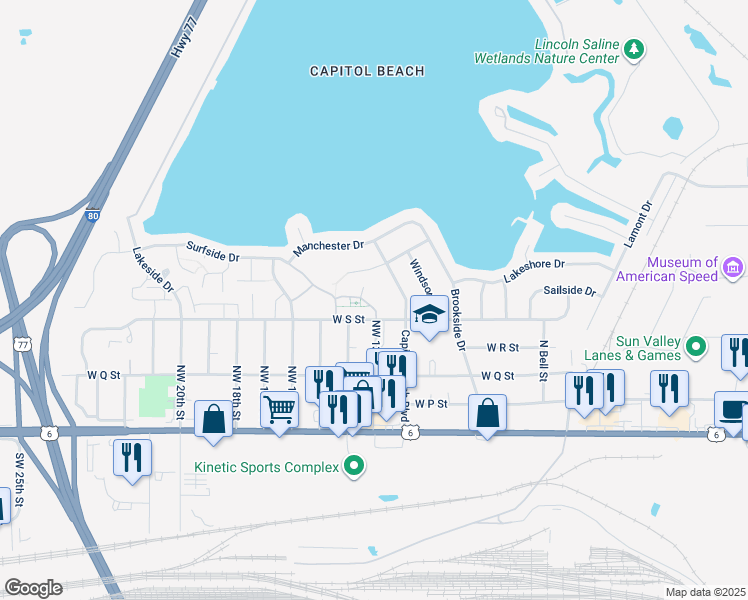 map of restaurants, bars, coffee shops, grocery stores, and more near 520 Surfside Drive in Lincoln