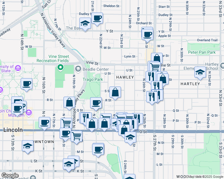 map of restaurants, bars, coffee shops, grocery stores, and more near 2242 S Street in Lincoln