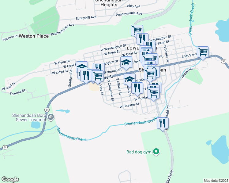 map of restaurants, bars, coffee shops, grocery stores, and more near 424 West Atlantic Street in Shenandoah