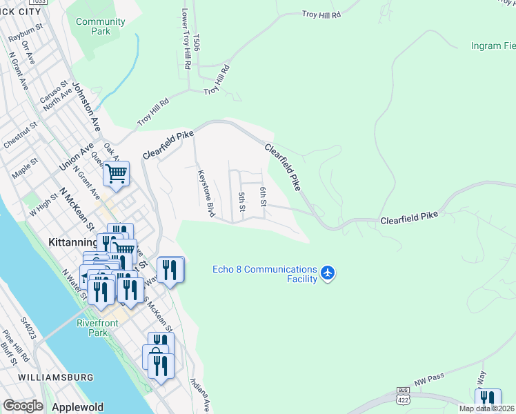 map of restaurants, bars, coffee shops, grocery stores, and more near 128 6th Street in Kittanning