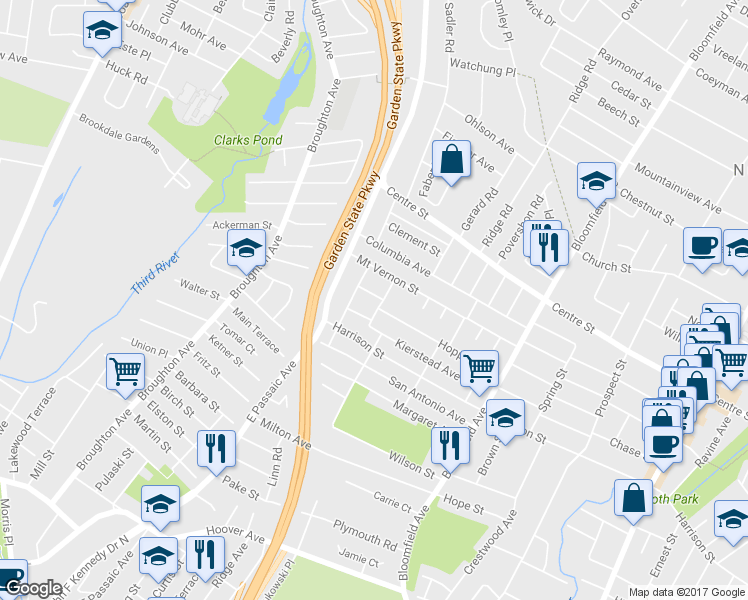 map of restaurants, bars, coffee shops, grocery stores, and more near 3 Lincoln Street in Nutley