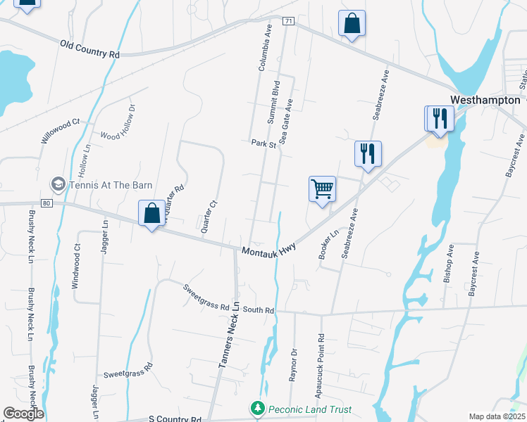 map of restaurants, bars, coffee shops, grocery stores, and more near 12 Summit Boulevard in Westhampton