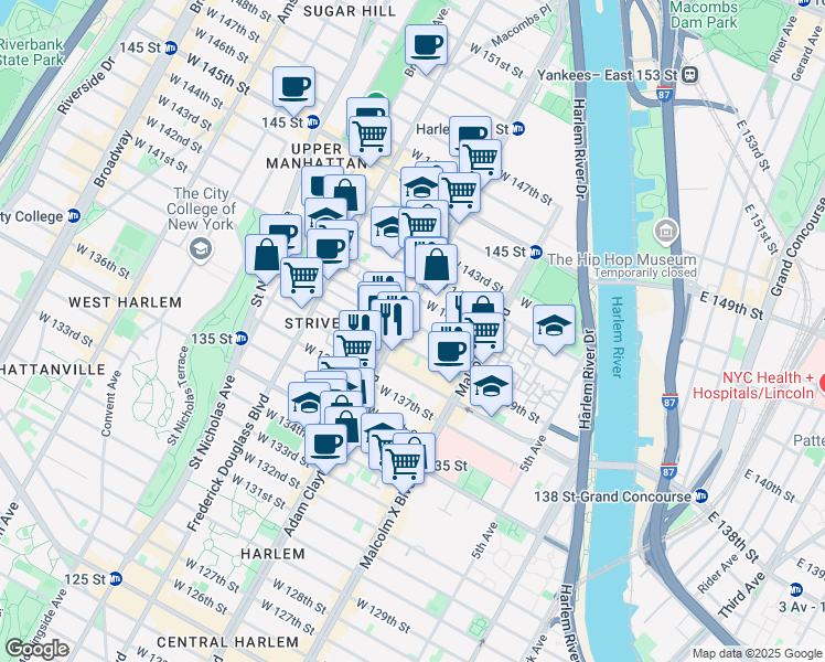 map of restaurants, bars, coffee shops, grocery stores, and more near 152 West 140th Street in New York