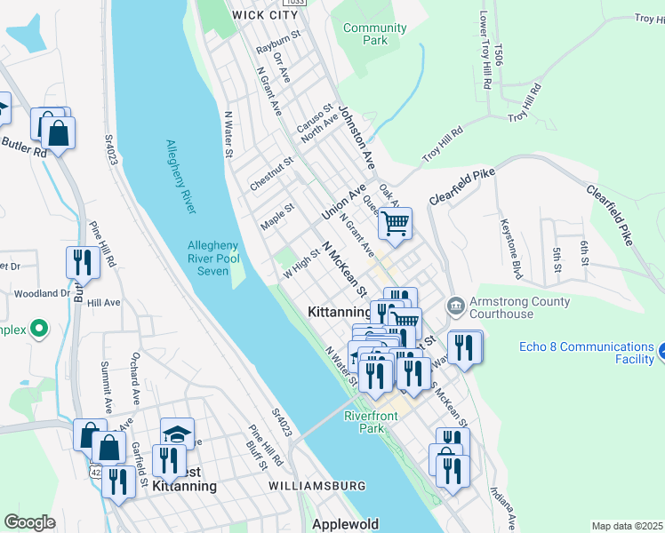 map of restaurants, bars, coffee shops, grocery stores, and more near 325 North McKean Street in Kittanning