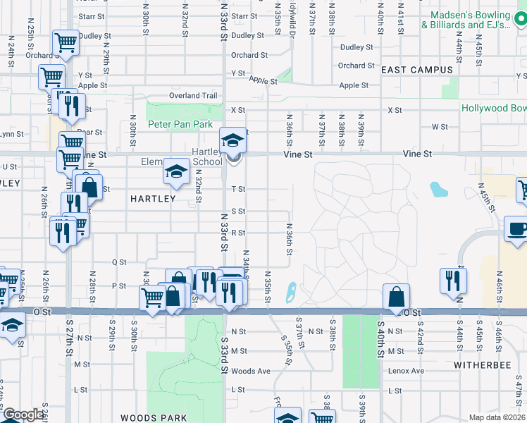 map of restaurants, bars, coffee shops, grocery stores, and more near 3445 S Street in Lincoln