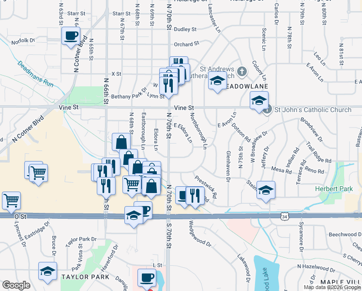 map of restaurants, bars, coffee shops, grocery stores, and more near 7025 Carol Circle in Lincoln